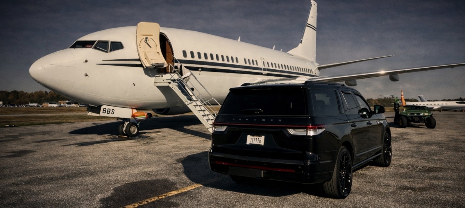 Luxury black SUV parked beside a private jet on an airport tarmac, premium executive chauffeur transportation service